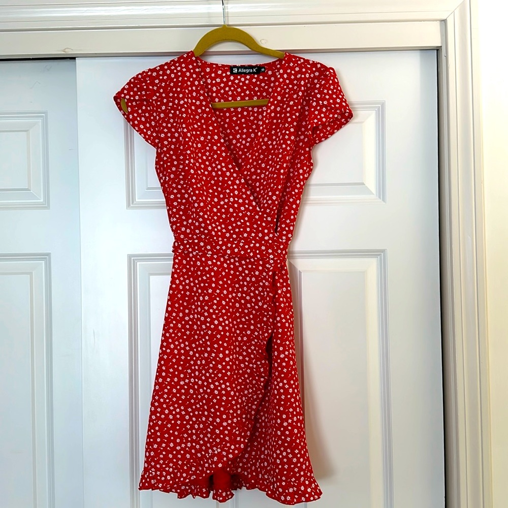 EUC Allegra K red and white wrap dress